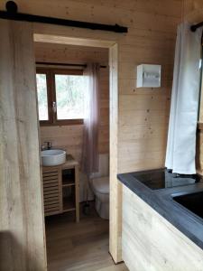 La salle de bains est pourvue de toilettes et d'un lavabo. dans l'établissement Les lodges d'Adelaide, à Cahuzac-sur-Vère