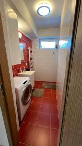 a bathroom with a washing machine and a sink at Apartmán Razula in Vsetín