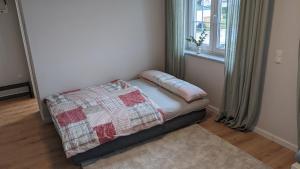 een bed in een kamer met een raam bij Inheidener Neubau Ferienwohnung in Hungen