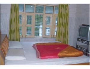 a bedroom with a bed and a tv and windows at Hotel Narmada Bhawan, Badrinath in Badrinath