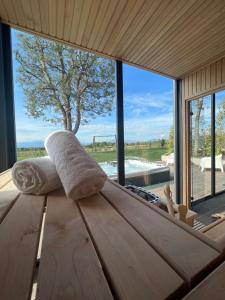 a room with a tub with a large window at Agriturismo Colle Dei Pivi in Ponti Sul Mincio