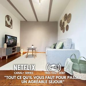 a living room with a couch and a tv at Le Cocon du Vignoble - Free Wifi - Netflix in Turckheim
