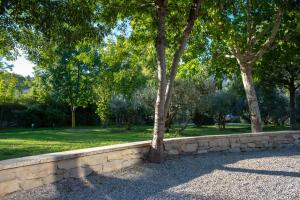 a stone wall with a tree in a park at Le Champ des Oliviers in Oppède