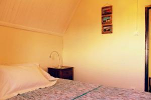 Dormitorio con cama y mesita de noche con lámpara en One bedroom house with wifi at Antananarivo, en Antananarivo