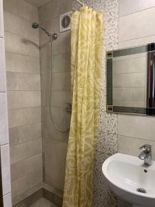 a bathroom with a shower curtain and a sink at База відпочинку «Павлоградець» in Orlovshchina +106 photos