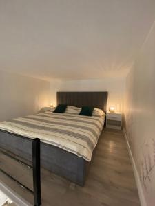 a bedroom with a large bed with a wooden floor at Dembinszky utca in Budapest