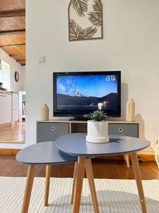 a living room with a table and a tv at Le Cocon du Vignoble - Free Wifi - Netflix in Turckheim