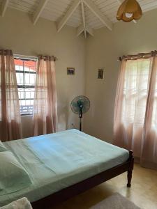 a bedroom with a bed with pink curtains and a fan at Immaculate 3 Bed Villa & Studio Apartment in Union