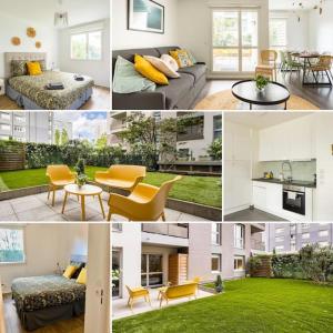 a collage of photos of a living room and a kitchen at Garden /20 min Champs Elysees /30 min Eiffel Tower in Nanterre