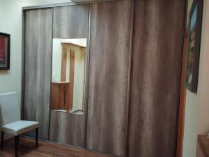 een spiegel aan een houten muur in een kamer bij apartment close to the castle in Bratislava