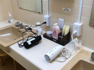 a bathroom sink with a hair dryer on a counter at Hotel Harumoto in Nikko