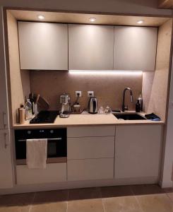 a kitchen with white cabinets and a stove and sink at Verdon - Appartement d'Architecte in Comps-sur-Artuby