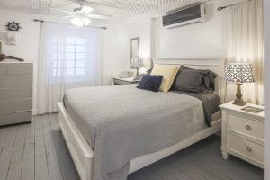 1 dormitorio con cama, escritorio y ventilador de techo en The Captains Quarters - A Relaxing Nautical Abode, en Christiansted