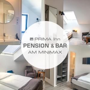 a bedroom with a bed and a bathroom with a mirror at PRIMA Inn Unterkunft direkt über der "Bar am Minimax" in Neuruppin