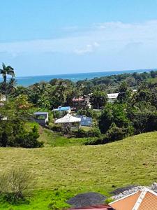 a view of a field with the ocean in the background at Propriete d'une chambre avec wifi a Petit Bourg a 4 km de la plage in Petit-Bourg