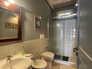 e bagno con lavandino, servizi igienici e doccia. di Santa Igia - Country House a Cagliari