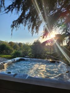 uma banheira de hidromassagem com o sol brilhando através de uma árvore em Villa Arzilla Antica Residenza di campagna em Vitorchiano