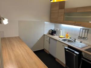 ウィーンにあるPaky Appartements 00411のシンクとカウンタートップのあるキッチン +2枚の写真