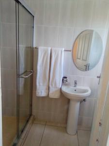 a bathroom with a shower and a sink and a mirror at Morning Star Lodge. in Lirahalibonoe