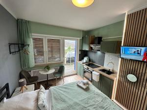 Kleines Zimmer mit einem Bett und einer Küche in der Unterkunft Green Seeblick Hotel und Apartments am See in Obermaubach