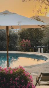 a swimming pool with an umbrella and some flowers at Agriturismo La Valle Di Vico in Caprarola