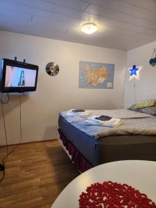 um quarto com 2 camas e uma televisão de ecrã plano em Pokój z prywatną łazienką i kuchnią z hot pot em Keflavík
