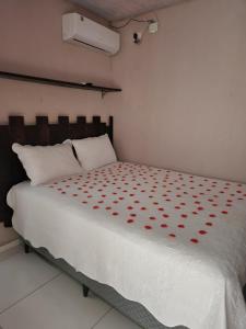 una camera da letto con un letto con cuori rossi sopra di Casa Campo - Domo do Matto a Garanhuns