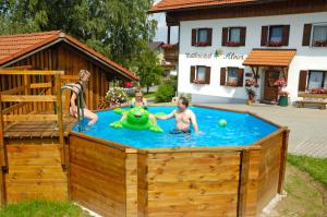 um grupo de pessoas numa piscina com um sapo em Almerhof - Waldferienhof Almer em Zwiesel