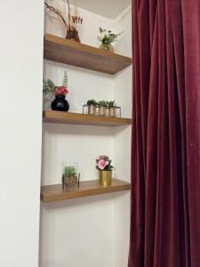 a room with wooden shelves with potted plants and a curtain at Kings Cross-Euston Apartment in London