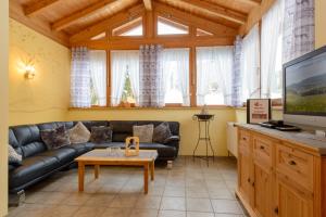 a living room with a couch and a tv at Almerhof - Waldferienhof Almer in Zwiesel