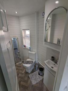 a bathroom with a toilet and a sink and a mirror at Brand New Garage Conversion in Urmston