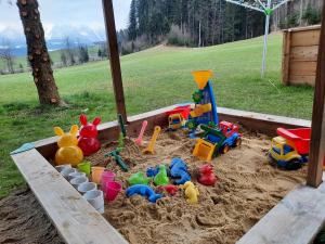 a sandbox with toys in the sand in a yard at Ferienhof Unterkotgraben in Spital am Pyhrn