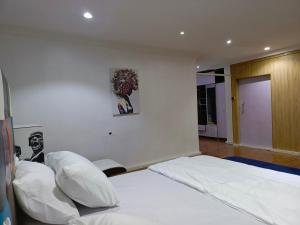 una camera con due letti e una foto a parete di Lovely 2-Bed House in Lagos a Lagos