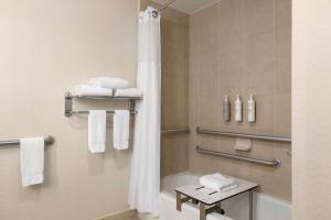 a bathroom with a tub and a shower with towels at Hilton Garden Inn Palm Coast Town Center in Palm Coast +27 photos