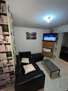 a living room with a black couch and a flat screen tv at RESIDENCE MELINDA in Dijon