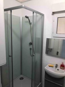 y baño con ducha acristalada y lavamanos. en 40m² totalement rénovés belle vue dégagée (002), en Villeneuve-Saint-Georges