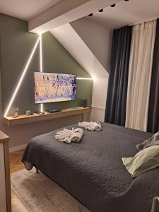 a bedroom with a bed and a flat screen tv at Pistachio apart City center in Novi Sad