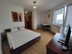 Schlafzimmer mit einem Bett und einem Schreibtisch mit einem TV in der Unterkunft Apartamenty Centrum in Białystok
