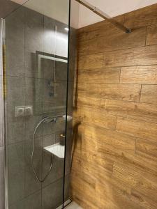 a bathroom with a shower with a glass wall at Wielopole Classy Rooms in Krakow