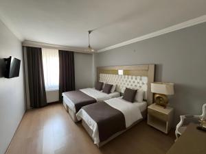 a hotel room with two beds and a television at Ottoman Palace Hotel Edirne in Edirne