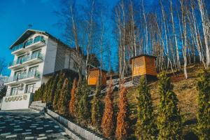 a house on a hill with trees in the background at Апарт-готель LOGOS in Skhidnitsa