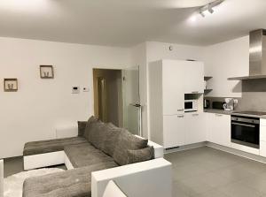 a living room with a couch and a kitchen at Magnifique appartement 2 chambres à Liège Ougrée in Seraing