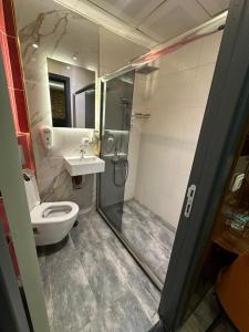uma casa de banho com um chuveiro, um WC e um lavatório. em Dolce Vita Suite Hotel em Istambul
