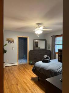 a bedroom with a bed and a dresser and a mirror at Mountain Road Lodge in Tannersville