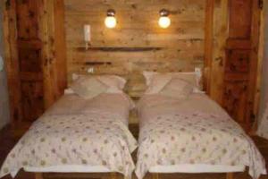 Duas camas num quarto com paredes de madeira em Chalet de 3 chambres a Les Allues a 500 m des pistes avec terrasse et wifi em Les Allues