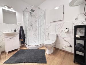 a bathroom with a shower and a toilet and a sink at Apartament w centrum in Łódź