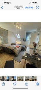 een slaapkamer met een bed in een kamer met ramen bij 2 chambres adjacentes avec lit Queen size in Commugny