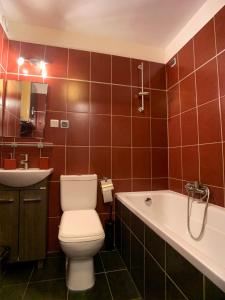 Un baño con inodoro, bañera y lavabo. en Apartament przy parku, en Toruń