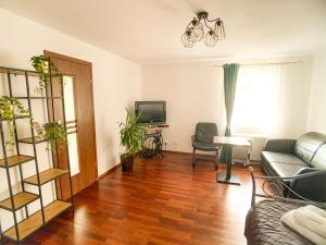 Una sala de estar con un sofá y un televisor. en Apartament przy parku, en Toruń