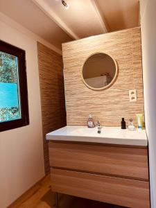 een badkamer met een wastafel en een spiegel bij Woods House in La Calamine